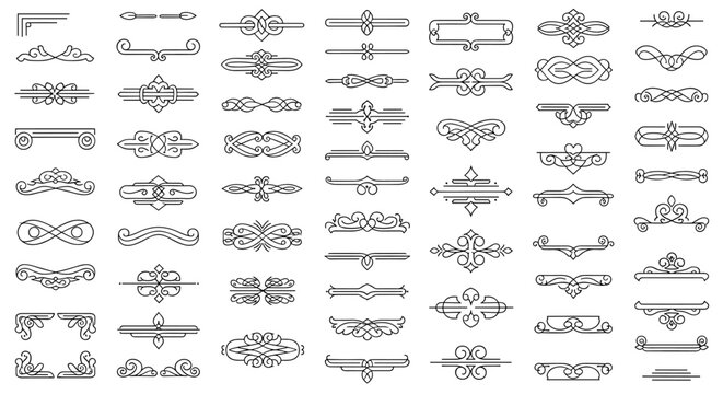 Elegant Vintage Decorative Lines Collection: A curated set of ordered line icons, perfect for adding a touch of sophistication to designs, presented on a clean white background for versatile