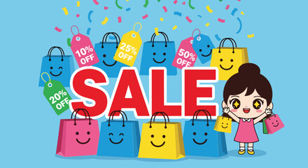 Big cute SALE typography with smiling shopping bags and discount icons. Pastel solid flat vector, ideal for seasonal sales banners and ecommerce promotion campaigns