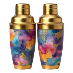 Two Gold Top Cocktail Shakers Watercolor Design barware