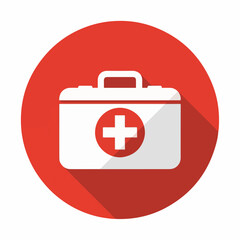 Red Medical First Aid Kit Icon with White Cross &ndash; Healthcare Emergency Symbol on Round Background