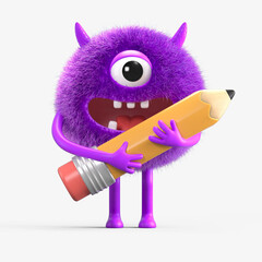 Fluffy, cute monster with a pencil, symbolizing creativity or education. 3D rendering, conceptual image. Isolated on white background.