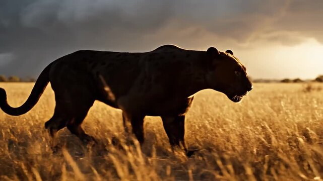 A black panther walks through a field of tall, dry grass under a dramatic, stormy sky.