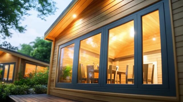 Serene Abode: A cozy wooden cabin invites with its warm interior glow, showcasing a harmonious blend of nature and modern design, creating a sense of peace and comfort.