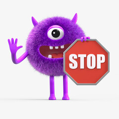 Fluffy, cute monster holding a stop sign, symbolizing caution or halting. 3D rendering, conceptual image. Isolated on white background.