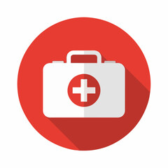 Obraz premium Red Medical First Aid Kit Icon with White Cross – Healthcare Emergency Symbol on Round Background