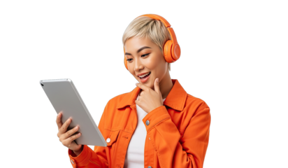 Young woman with short blonde hair wearing orange headphones holding a tablet, surprised reaction portrait, isolated on transparent background. | Generative AI