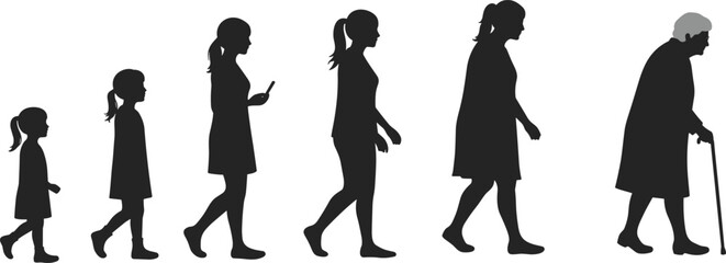 Silhouette illustration showing five stages of woman’s life from childhood to old age, aging concept, female development timeline vector