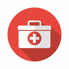 Red Medical First Aid Kit Icon with White Cross – Healthcare Emergency Symbol on Round Background