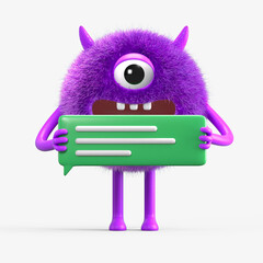 Fluffy, cute monster holding a green speech bubble, symbolizing communication. 3D rendering, conceptual image. Isolated on white background.