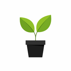 Green Plant in Black Flowerpot Icon – Minimal Botanical Growth Symbol on White Background