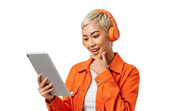 Young woman with short blonde hair wearing orange headphones holding a tablet, surprised reaction portrait, isolated on transparent background. | Generative AI - Powered by Adobe