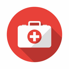 Obraz premium Red Medical First Aid Kit Icon with White Cross – Healthcare Emergency Symbol on Round Background