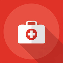 Fototapeta premium Red Medical First Aid Kit Icon with White Cross – Healthcare Emergency Symbol on Round Background