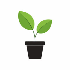 Green Plant in Black Flowerpot Icon – Minimal Botanical Growth Symbol on White Background
