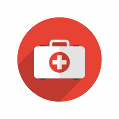 Obraz premium Red Medical First Aid Kit Icon with White Cross – Healthcare Emergency Symbol on Round Background
