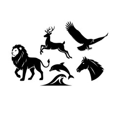 Wildlife Silhouette Set: Featuring a majestic lion, leaping deer, soaring eagle, playful dolphin, and noble horse, this image embodies the raw beauty and power of the animal kingdom.