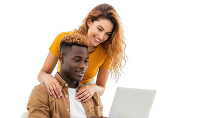 Young diverse couple smiling and looking at a laptop together, collaborative technology scene, isolated on transparent background. | Generative AI