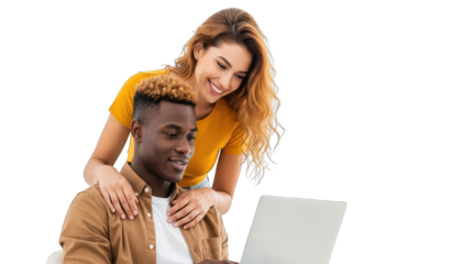 Young diverse couple smiling and looking at a laptop together, collaborative technology scene, isolated on transparent background. | Generative AI