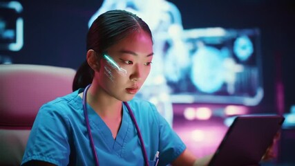 futuristic doctor using tablet with holographic interface - Powered by Adobe