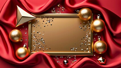 Gold Ornament Frame on Red Satin Christmas Background