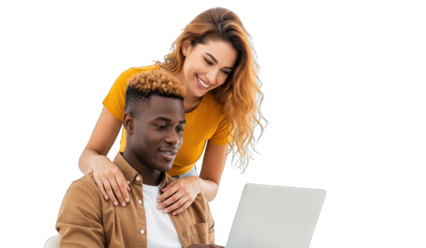 Young diverse couple smiling and looking at a laptop together, collaborative technology scene, isolated on transparent background. | Generative AI - Powered by Adobe
