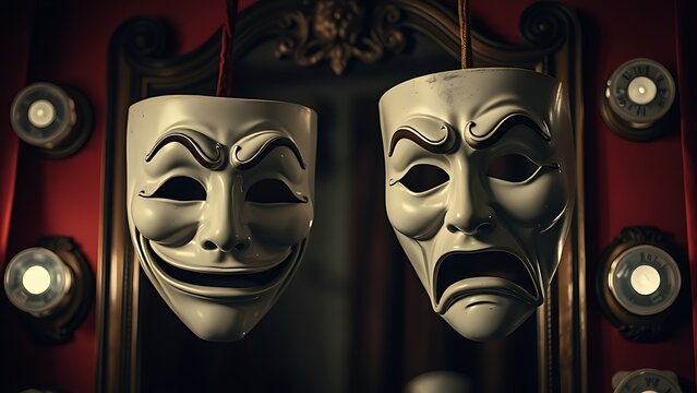 oriflamme. Comedy and tragedy masks hanging before a vintage dressing room mirror in a dim backstage setting. event programs.