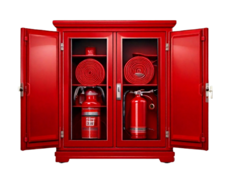 Double Door Fire Extinguisher Cabinet with Hose and Alarm, Front View, Realistic 3D Vector Illustration, Isolated on White Background