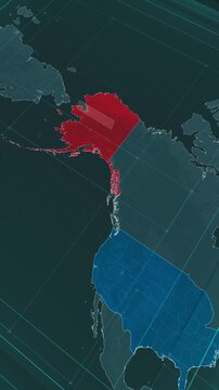 Vertical portrait, zoom in to the map of Alaska state, with text and textless