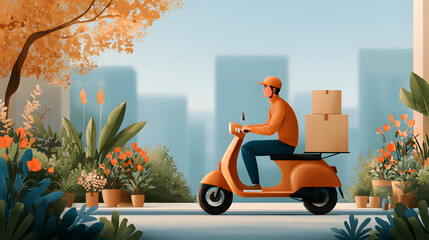 Eco friendly delivery rider on orange scooter navigates through cityscape adorned with lush plants and flowers, conveying sense of sustainability and urban life