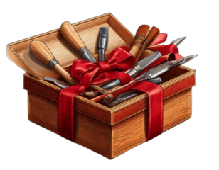 Angled Side View of Red-Ribbon Gift Box Filled with Chisels, Realistic 3D Vector Illustration, Isolated Transparent Background PNG