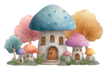 Whimsical mushroom houses with colorful trees and grass