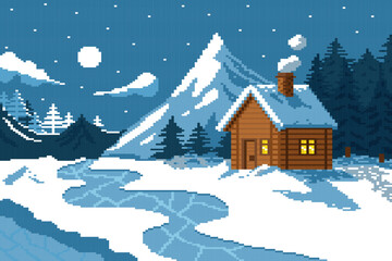 Wooden house with light of window at night in winter with mountain and pine.