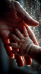 A close-up shot shows a baby's tiny hand being held by a larger adult hand, with both hands glistening with water droplets.