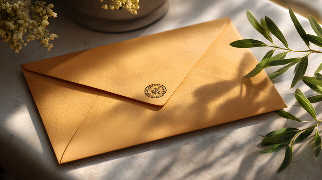 Brown envelope with modern logo rests on marble surface, surrounded by green leaves and soft sunlight, creating warm and inviting atmosphere