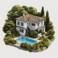 White Mediterranean Villa with Blue Pool Surrounded by Lush Green Trees