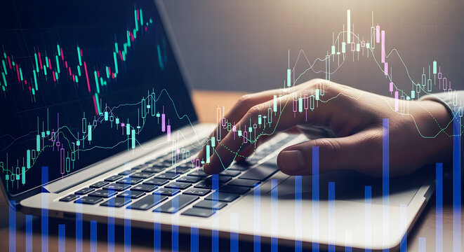 Financial Analysis with Interactive Charts on Laptop Screen Person Analyzing Stock Market Data Using Modern Technology For Investment Strategy and Economic Trends Real-Time Business Analytics