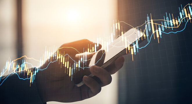 Analyzing market trends on smartphone digital investment platform for financial growth modern technology stock trading application and economy investment data visualization on mobile device for