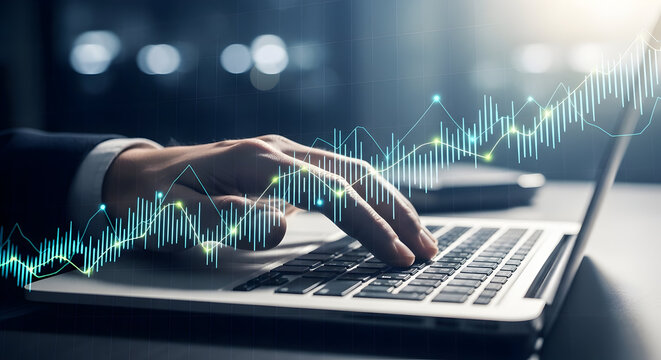 Business Growth Strategy on Laptop with Rising Graph Visual Representation of Success and Financial Chart Overlay Depicts Market Trends and Investment Returns Analysis Concept for Online