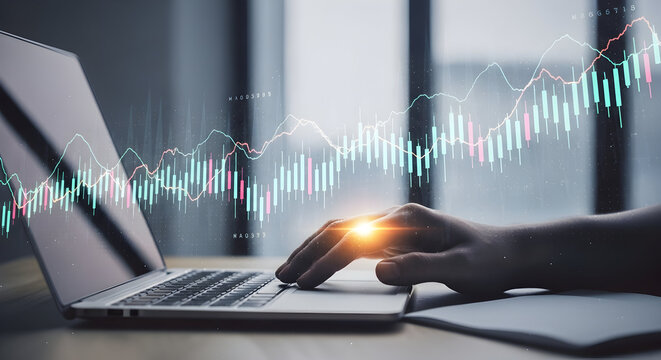 Financial Market Analysis with Laptop and Rising Chart for Business Success Demonstrating Investment Strategy and Economic Growth in the Digital Age Displaying Stock Trends and Data Analytics for