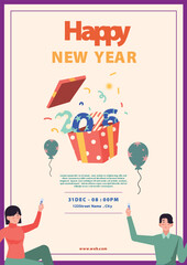 Poster Happy New Year 2025 celebration with gift box balloons and people.