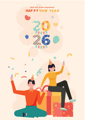 Poster Happy New Year celebration with people confetti and gifts.