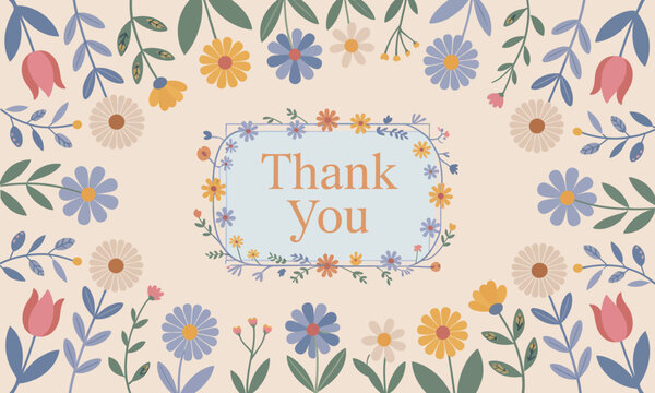 This image showcases a beautiful arrangement of vibrant floral elements surrounding a heartfelt 'Thank You' message, ideal for greeting cards and appreciation notes.