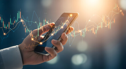 Mobile Stock Trading App Investment Analysis Graph on Smartphone Display Concept of Financial Growth Strategy with Hand Analyzing Candlestick Chart Forex Market and Digital Business Tools Insights