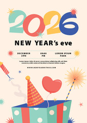 Poster New Years Eve 2026 Celebration with Party Hat and Fireworks.