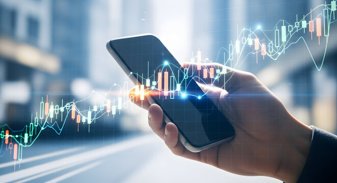 Financial Investment Analysis on Mobile Phone with Holographic Stock Market Chart Person Monitoring Finance Data and Cryptocurrency Trends Modern Trading Platform for Traders and Investors Analyzing
