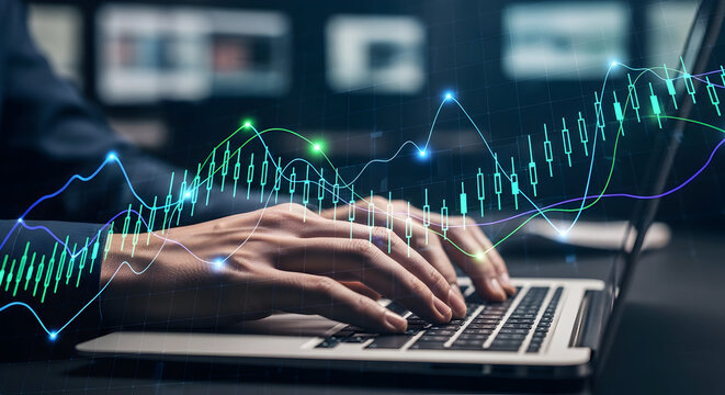 Financial Analysis and Investment Strategy Stock Market Success with Candlestick Charts and Data Visualization on Laptop Financial Expertise Stock Growth Online Trading Digital Economy Business