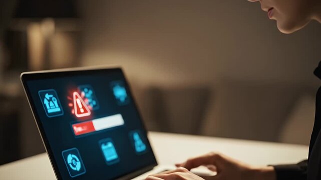 Hands Typing on Laptop Keyboard with Red Alert Icon on Screen in a Dark Room Digital Security Concept