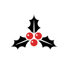 Illustration of holly with three red berries and leaves on transparent background