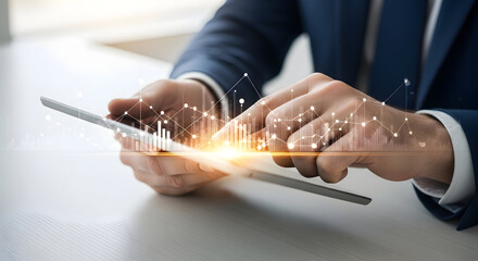 Digital Transformation in Business Man Analyzing Financial Data on Tablet Device with Abstract Data Visualization Business intelligence analytics concept modern technology investment growth forecast