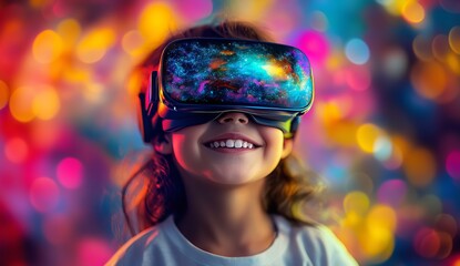 Excited young girl exploring virtual reality worlds with VR headset and smiling against vibrant bokeh lights, perfect for futuristic tech marketing materials